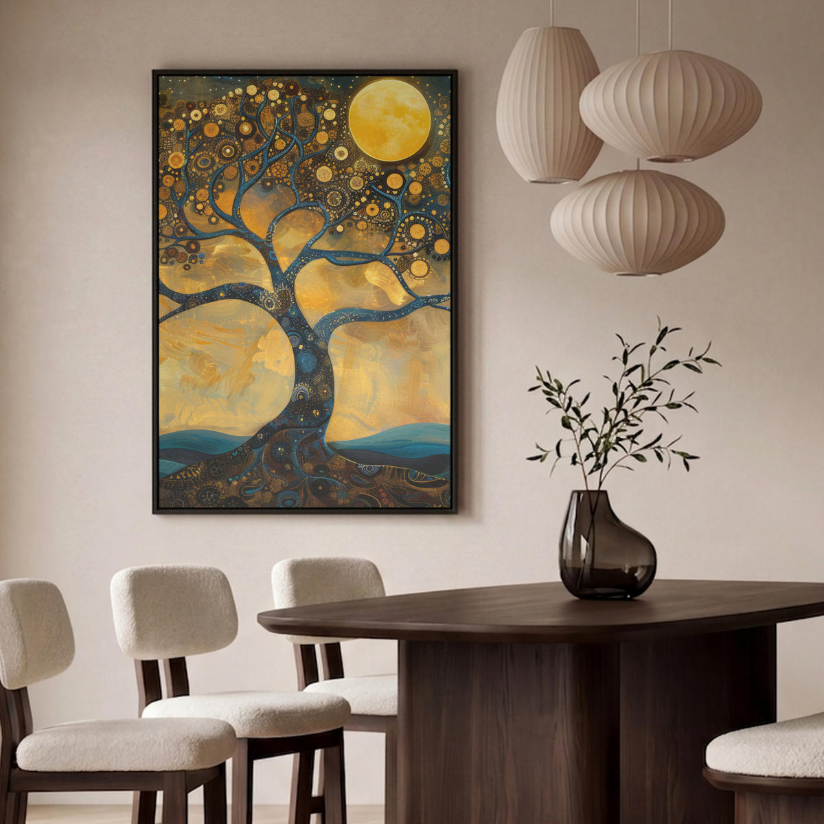 LEINWAND Bilder mit Rahmen - Baum - Mond - Blumen - Gold - Kunst - 90x140 - Orange, Textil (90/140cm) - MuchoWow