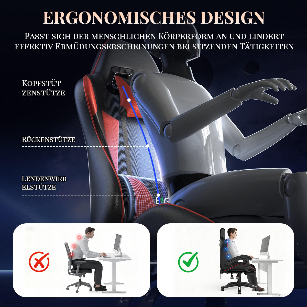 GAMINGSTUHL Schwarz-Rot,mit Massage,Fußstütze, Ergonomisch, Verstellbar - Rot, Metall (26/59/77cm) - Rattrix
