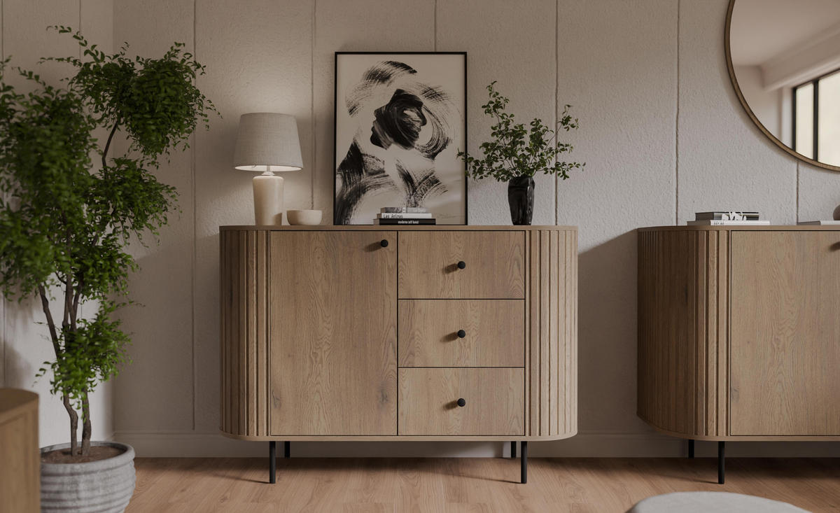 SIDEBOARD Halay Eiche Cremona, 1 Tür & 3 Schubladen Moderne Rillenstruktur 123 cm - Eichefarben/Schwarz, Holzwerkstoff/Metall (123/85.4/42.3cm) - AX Living