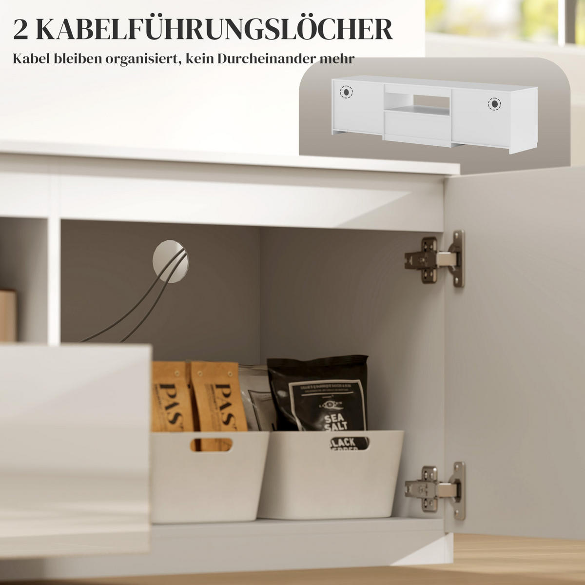TV-LOWBOARD 160/38/43 cm Weiß aus Holz mit Kabelmanagement - Weiß, Holzwerkstoff (160/43/38cm) - OKWISH