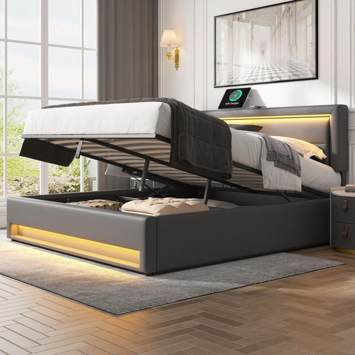 POLSTERBETT 160/200 cm Grau mit USB-Anschluss und LED-Beleuchtung - Grau, Kunststoff (160/200cm) - OKWISH