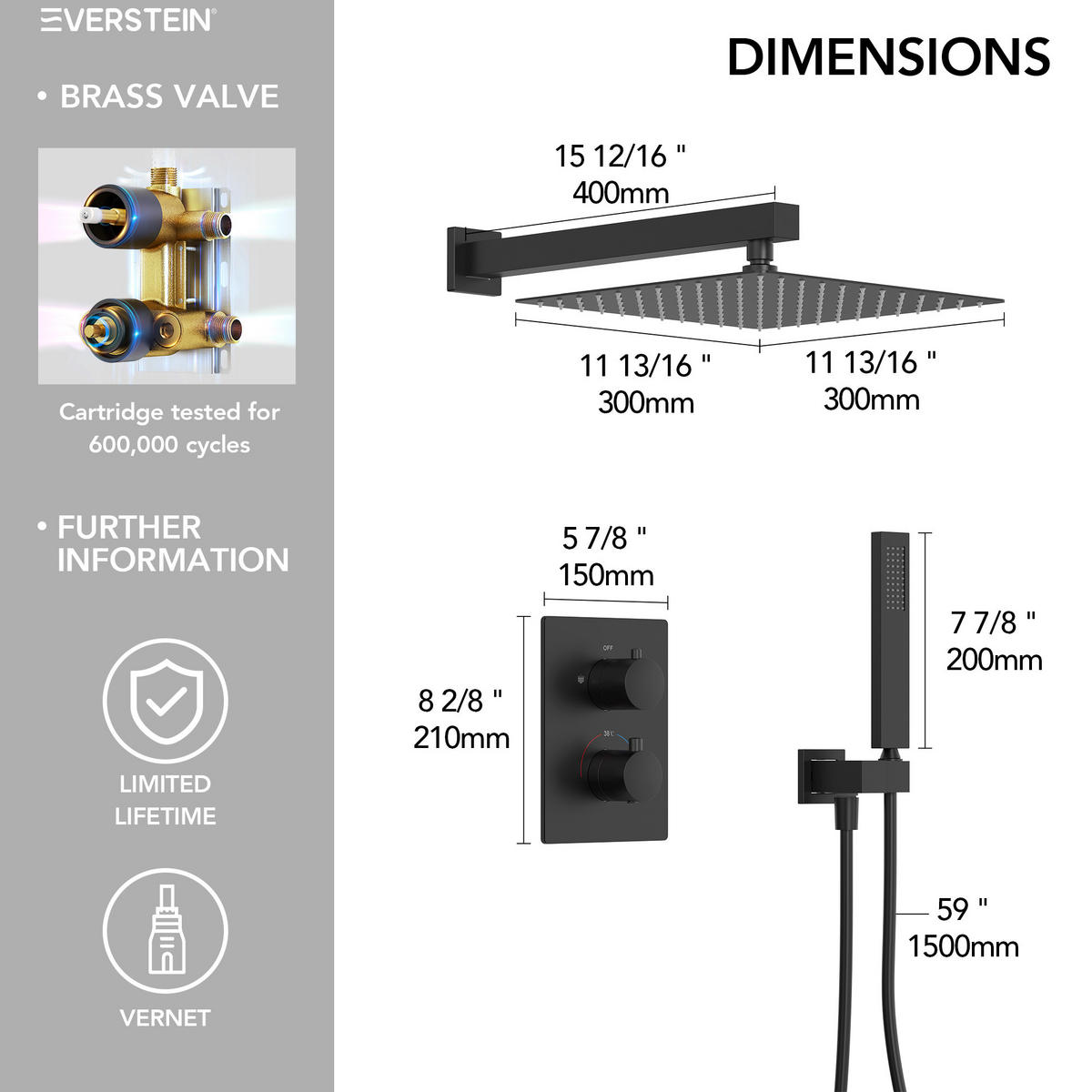 DUSCHARMATUR SFS-5010 Schwarz Matt, Unterputz, Thermostat, 300-mm-Kopfbrause, Handbrause, 400-mm-Duscharm, 1500-mm-Schlauch - Schwarz, Metall (30/21/40cm) - Everstein