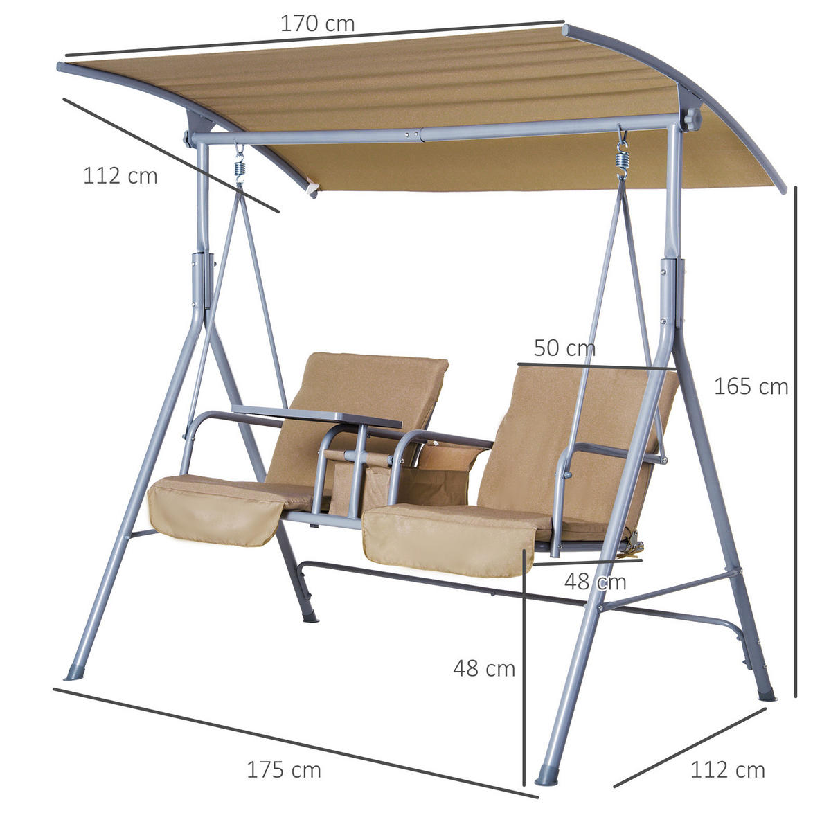 HOLLYWOODSCHAUKEL, 2-Sitzer mit Sonnendach, Beige, 175 x 112 x 165 cm - Beige, Metall (112/165/175cm) - Outsunny