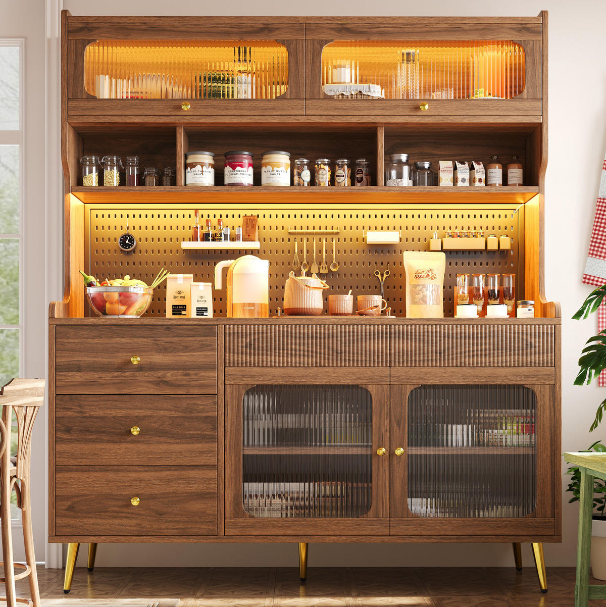BUFFET 145/39/171 cm aus MDF und Glas mit LED-Beleuchtung Walnussfarben - Walnussfarben, Holzwerkstoff (145/171/39cm) - Modenvie