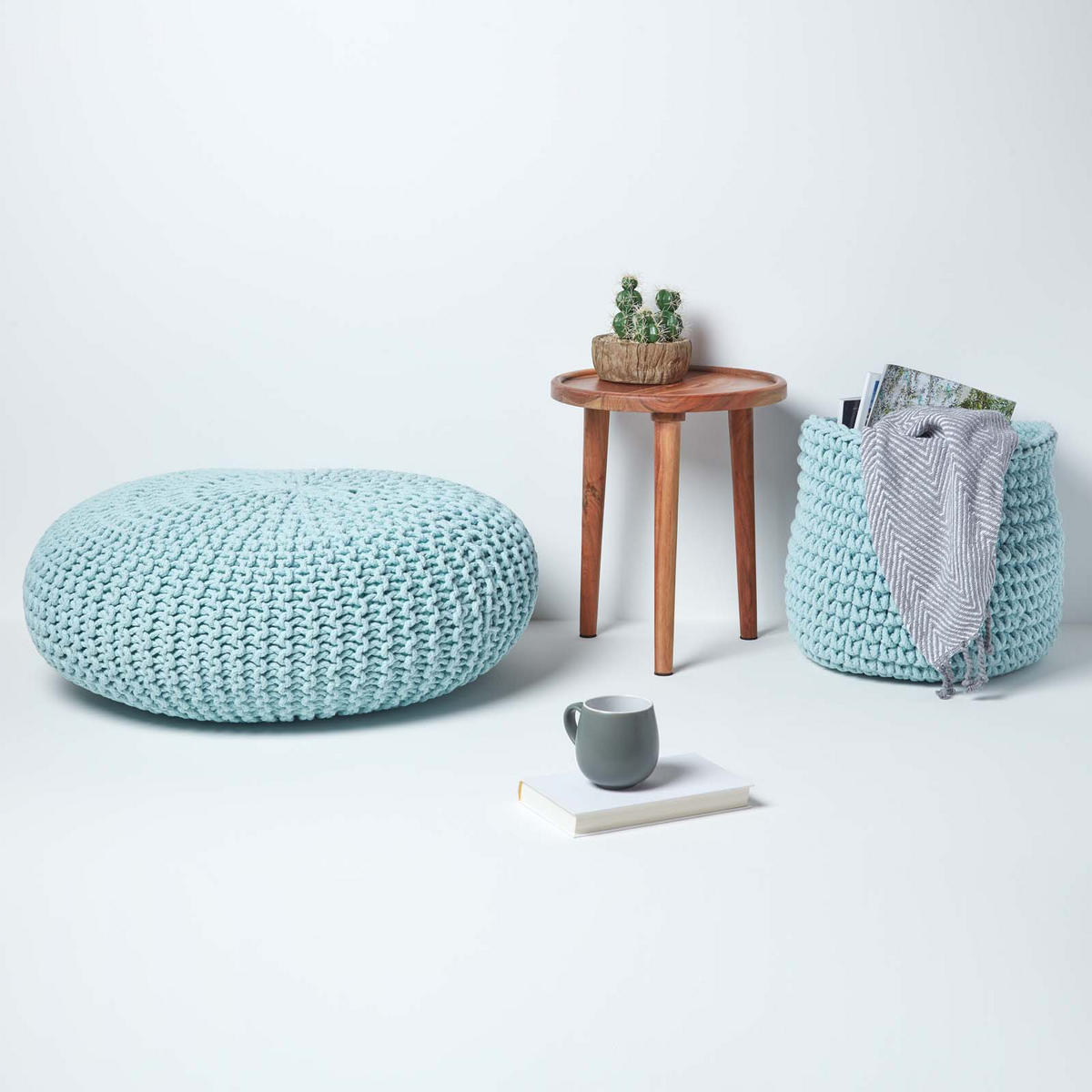 STRICK-POUF pastellblau, Bodenkissen rund 70/70/23 cm - Hellblau, Textil (70/23/70cm) - Homescapes