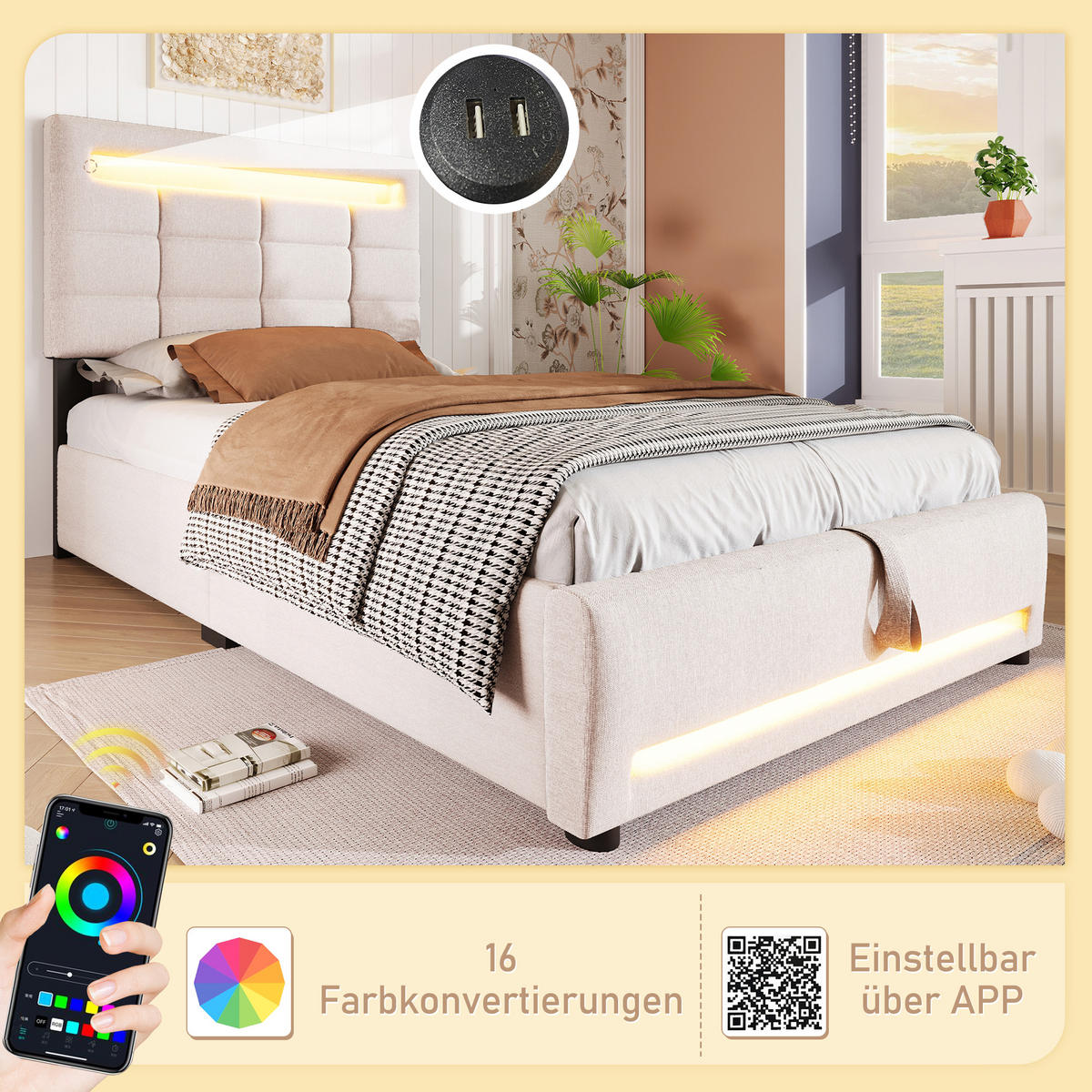 POLSTERBETT 90x200cm Beige Leinen APP-Fernbedienung LED Hydraulik USB - Beige, Holz (90/200cm) - FLIEKS