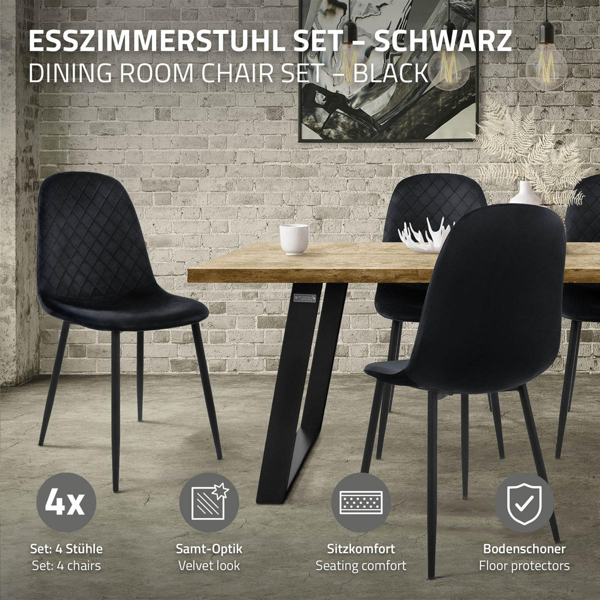 JÍDELNÍ ŽIDLE, sada 4 ks, černý samet - černá, kov/textil (51/89/44cm) - ML-DESIGN
