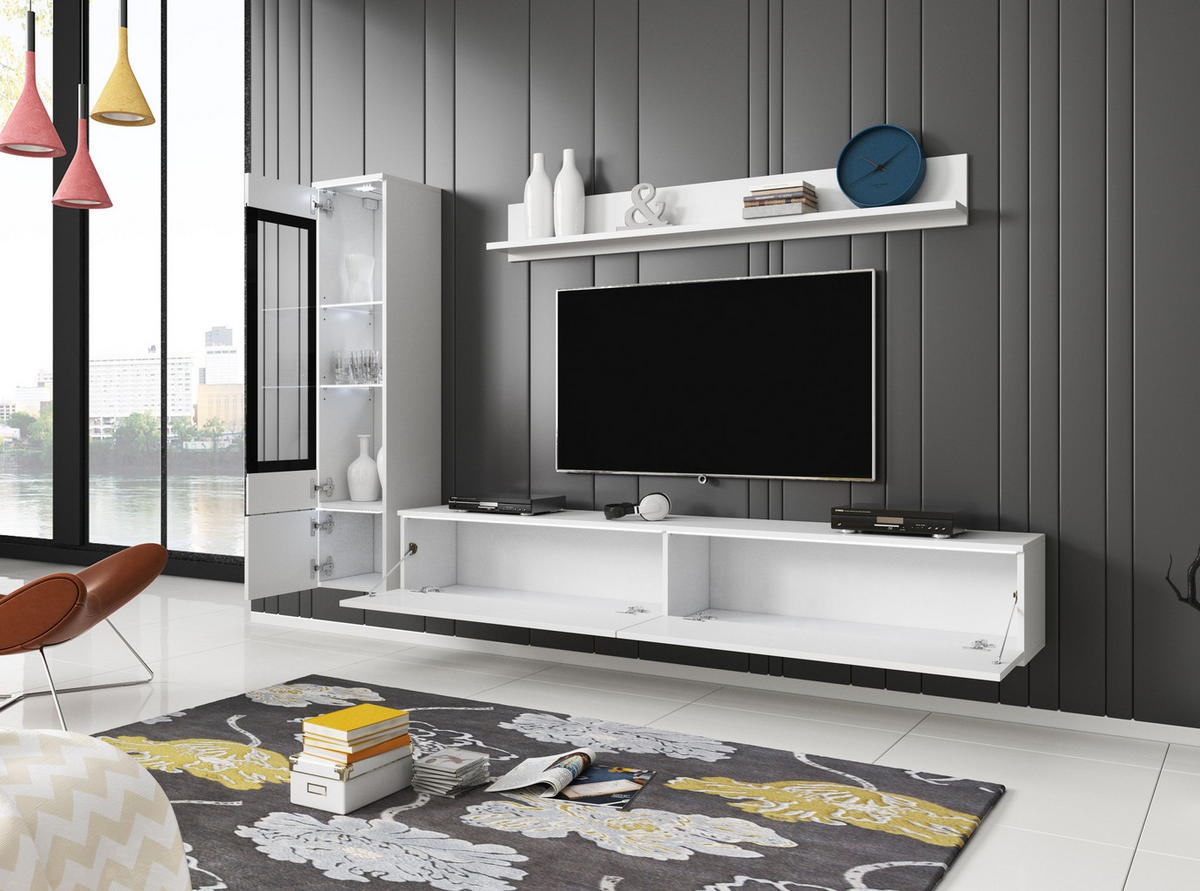 WOHNWAND Vera weiß / weiß Hochglanz lackiert 3-teilig - Weiß Hochglanz/Schwarz, Holz/Holzwerkstoff (210/130/33cm) - Feldmann-Wohnen