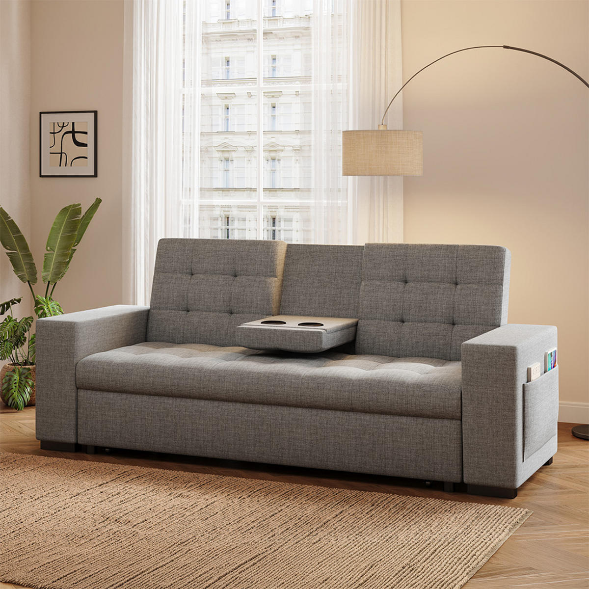 SCHLAFSOFA Noho in Grau 3-Sitzer aus Polyester - Grau, Holz (203/85/86cm) - Concept Usine