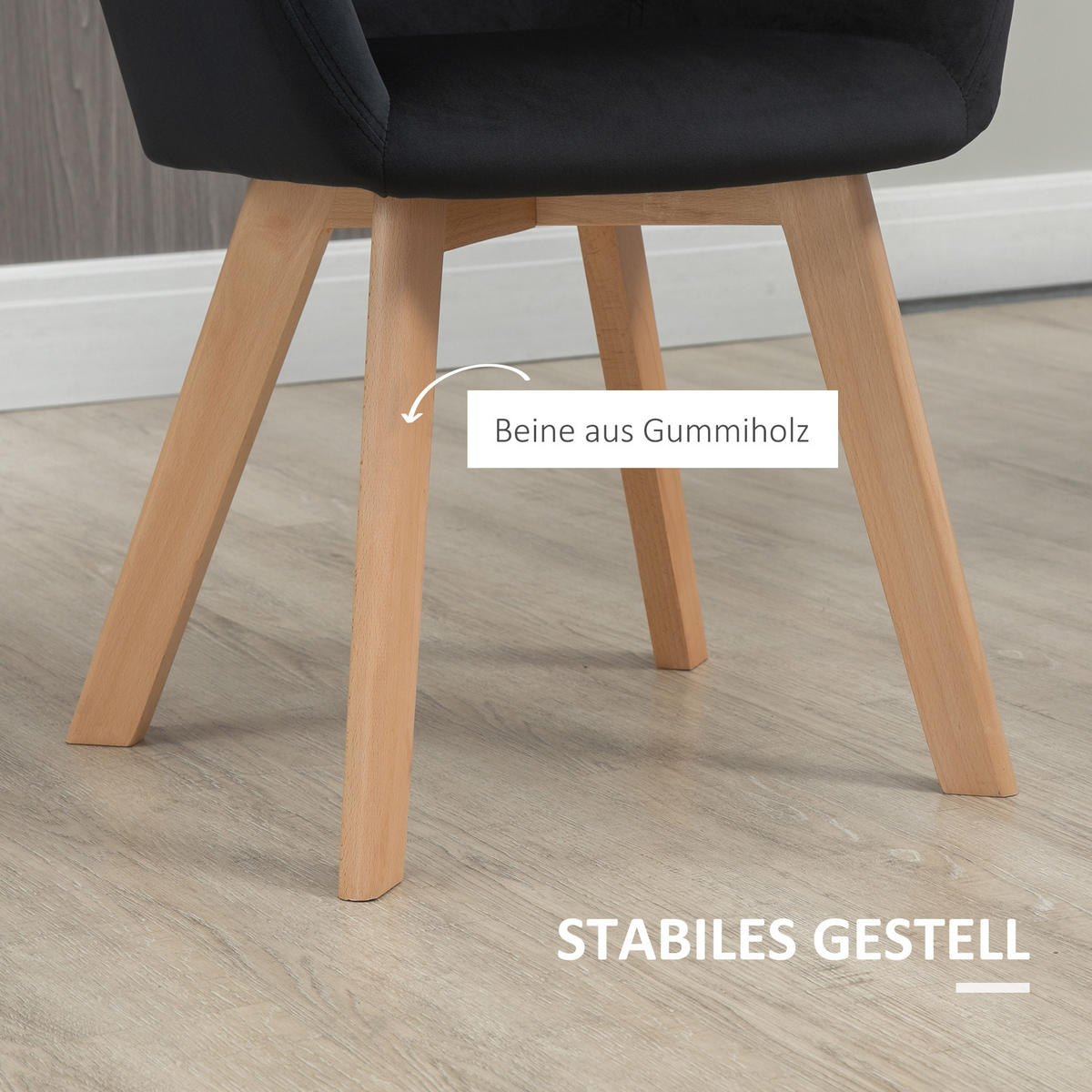 ESSZIMMERSTÜHLE 2er Set, Küchenstuhl mit Armlehne, Rückenlehne, Samtoptik - Schwarz/Naturfarben, Holz/Kunststoff (57/80/54cm) - HOMCOM
