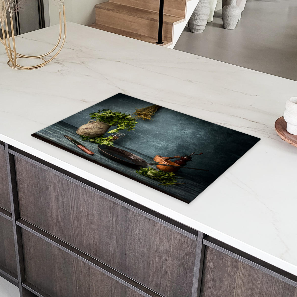 HERDABDECKPLATTE Kräuter - Gewürze - Pfanne - Messer - Grau - Rustikal 80x52 cm - Petrol, Kunststoff (80/52/0.2cm) - MuchoWow