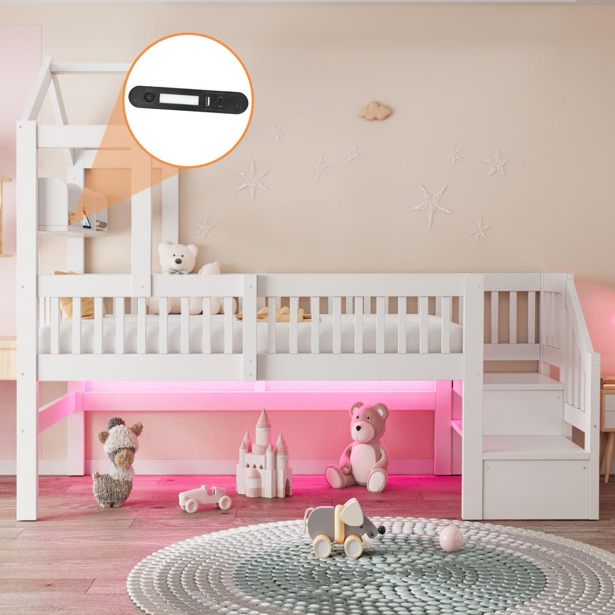 KINDER-HOCHBETT 90 x 200 cm mit Dach, USB und LED, Weiß - Weiß, Holz (90/200cm) - FLIEKS