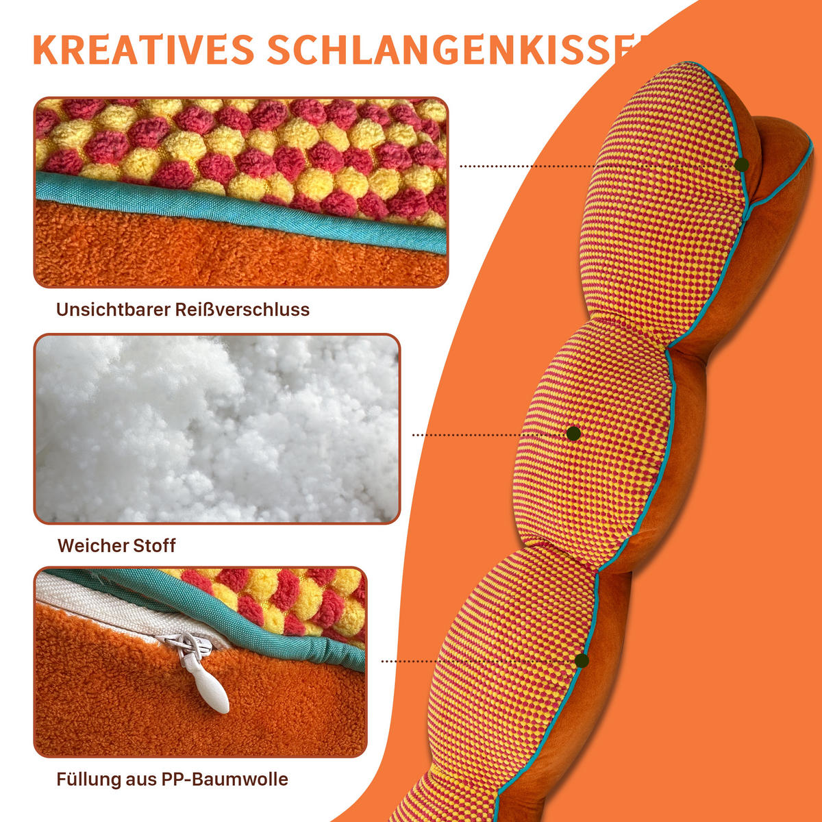 KISSEN süße Schlangenform orange 145cm - Orange, Textil (20/143cm) - Vercart