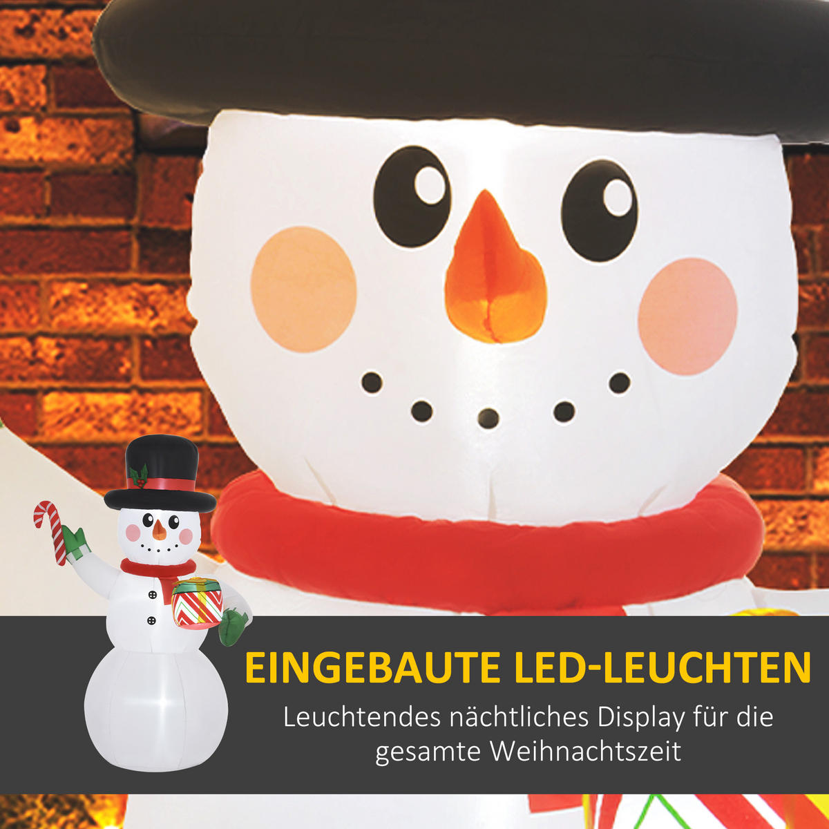 WEIHNACHTSDEKO Schneemann mit Zuckerstange & Geschenk 180 cm, selbstaufblasbar, LEDs - Weiß, Kunststoff (80/180/120cm) - Outsunny