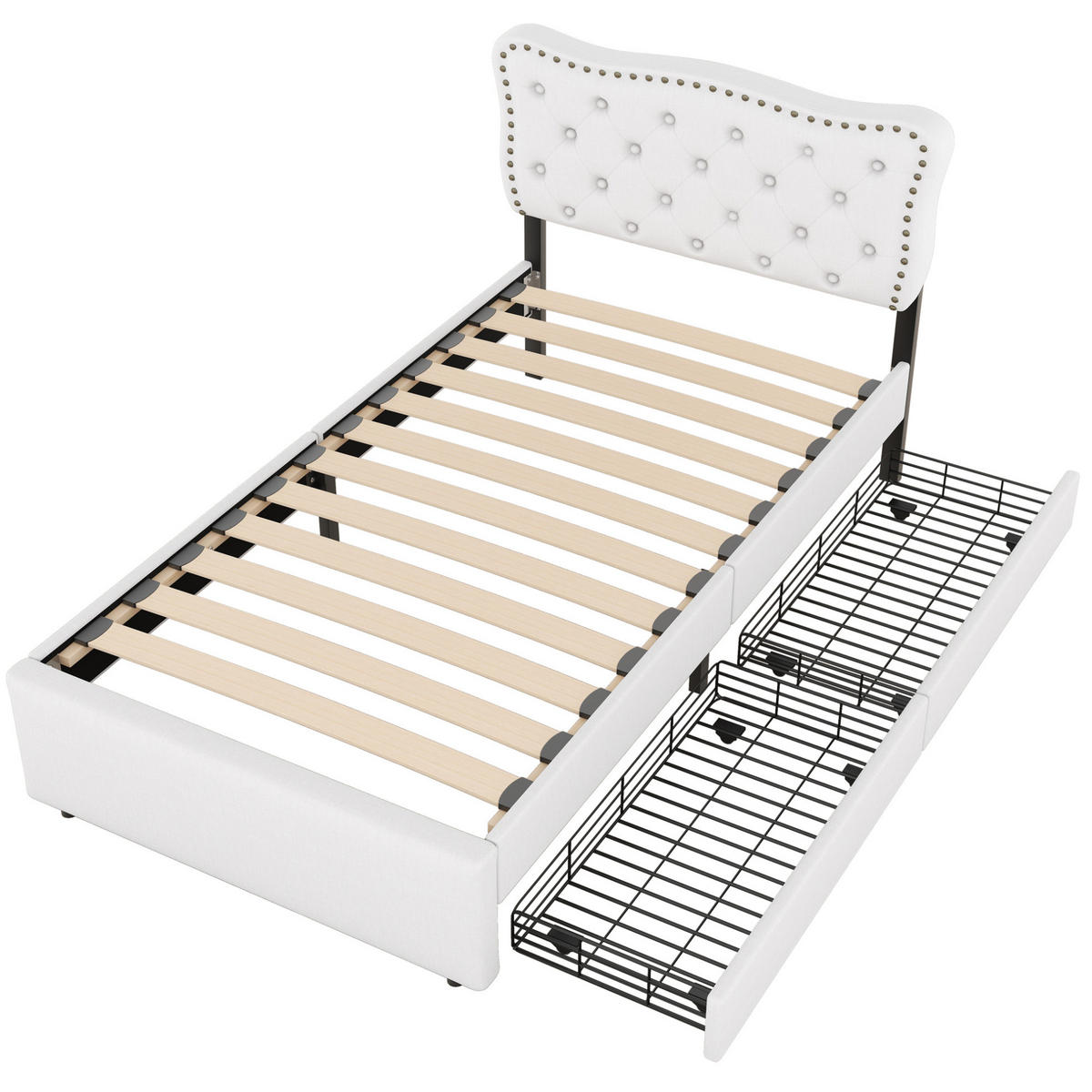 ČALOUNĚNÁ postel 90/200 cm světle béžová z MDF a lnu se 2 zásuvkami a nastavitelným čelem - bílá, textil (90/200cm) - OKWISH