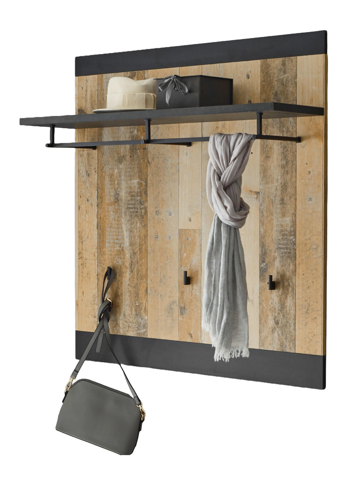 GARDEROBENPANEEL Used Wood hell, anthrazit, Wandgarderobe 92 x 100 cm - Eichefarben/Anthrazit, Holzwerkstoff (92/100/26cm) - Furn.Design