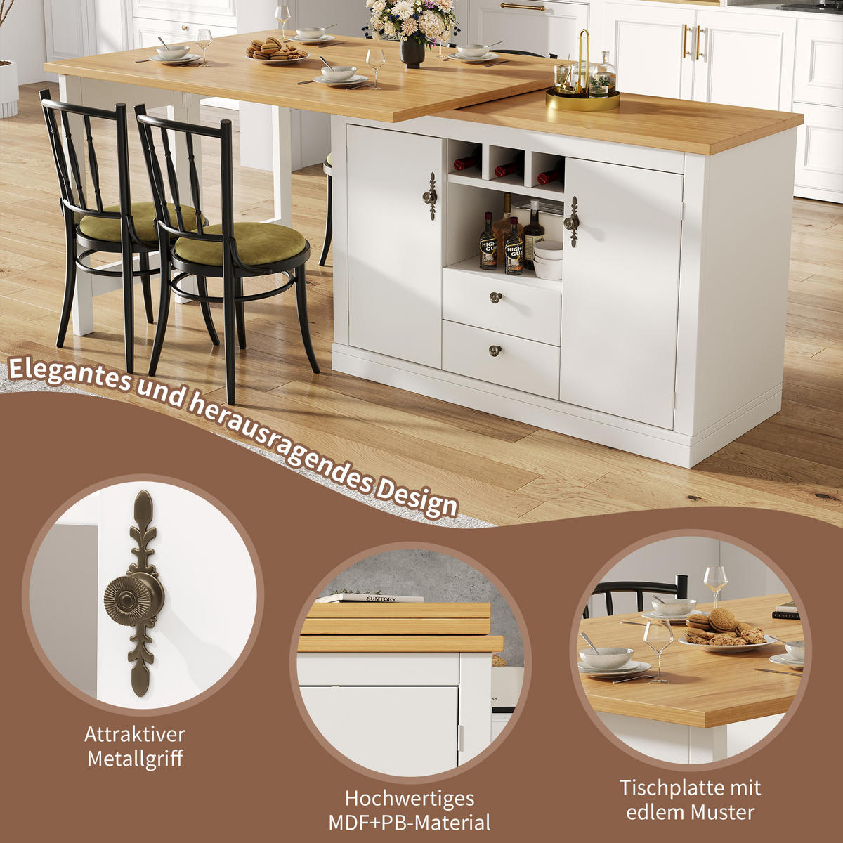 BARTISCH 120-180/40/76 cm ausziehbar mit Stauraum und 360°-Drehfunktion - Naturfarben, Holzwerkstoff (40/180/76cm) - BEAOK