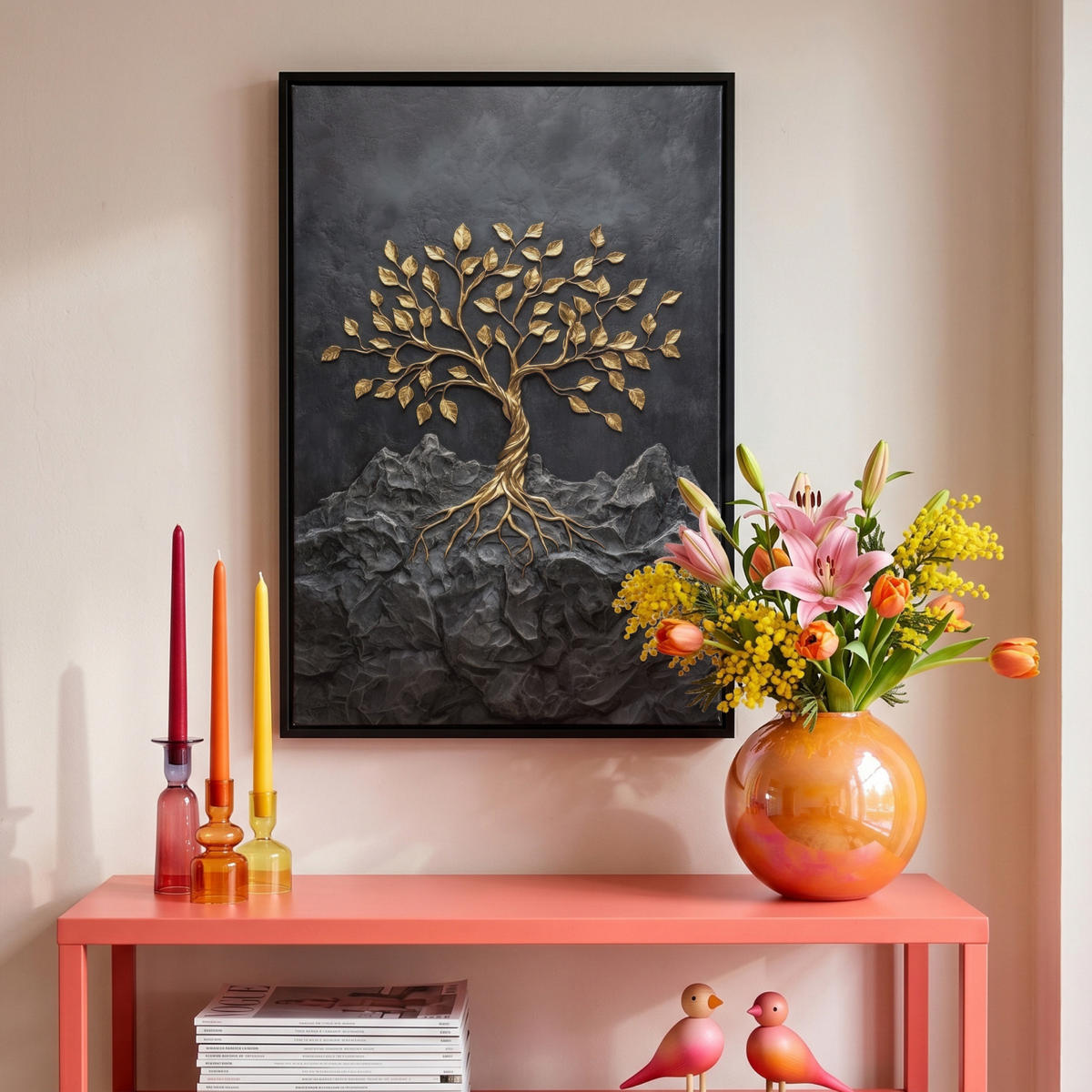 LEINWAND Bilder mit Rahmen - Blätter - Gold - Baum - Fels - 40x60 - Schwarz, Textil (40/60cm) - MuchoWow