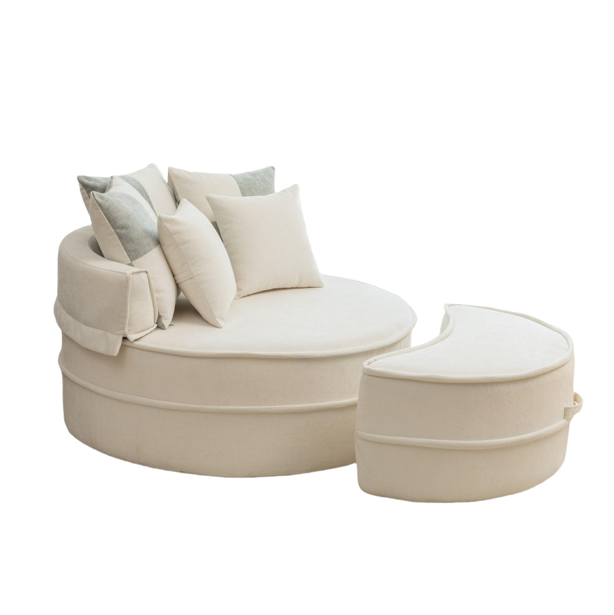 LOUNGESESSEL 121/107/42 cm mit Ottomane, 5 Kissen und Chenille-Bezug, Beige - Beige, Kunststoff (121/66/163cm) - Redom