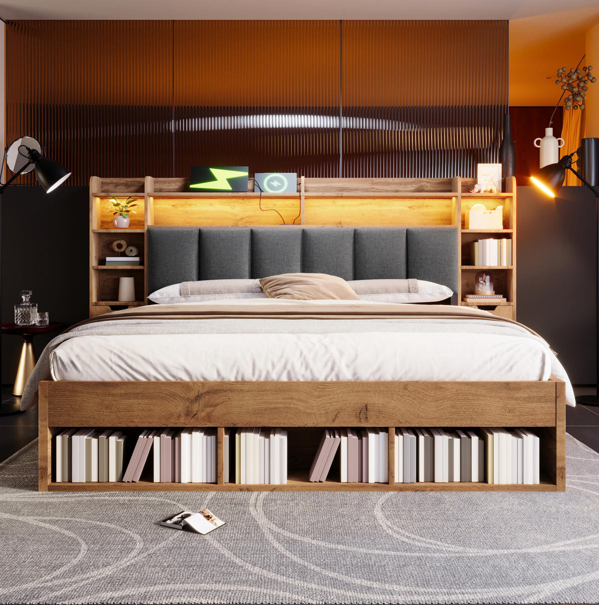 POLSTERBETT 180/200 cm Eichefarben mit LED-Beleuchtung,Anschlüssen, Stauraum und Rollschubladen - Naturfarben, Holz (180/200cm) - OKMYHOME