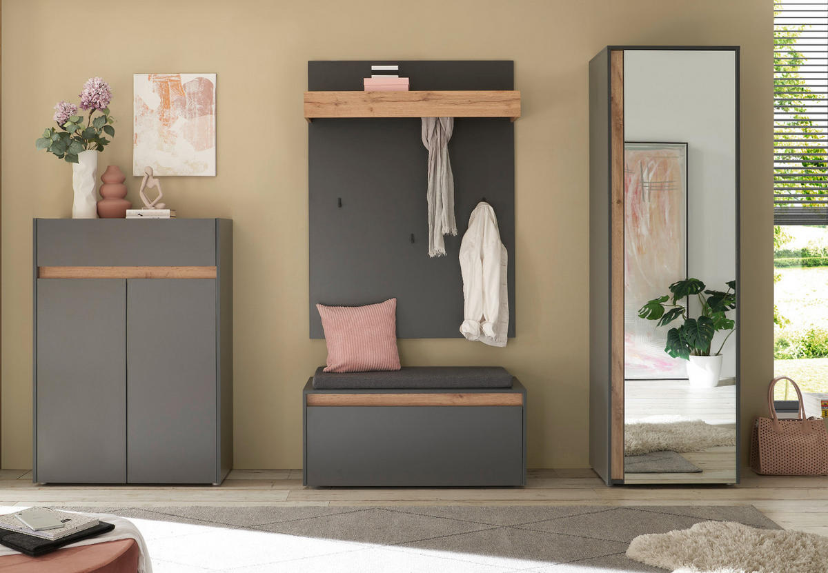 SCHUHSCHRANK grau matt, Eiche Wotan, Flurkommode 85 x 122 cm - Eiche Wotan/Schwarz, Holzwerkstoff/Kunststoff (85/122/122cm) - Furn.Design