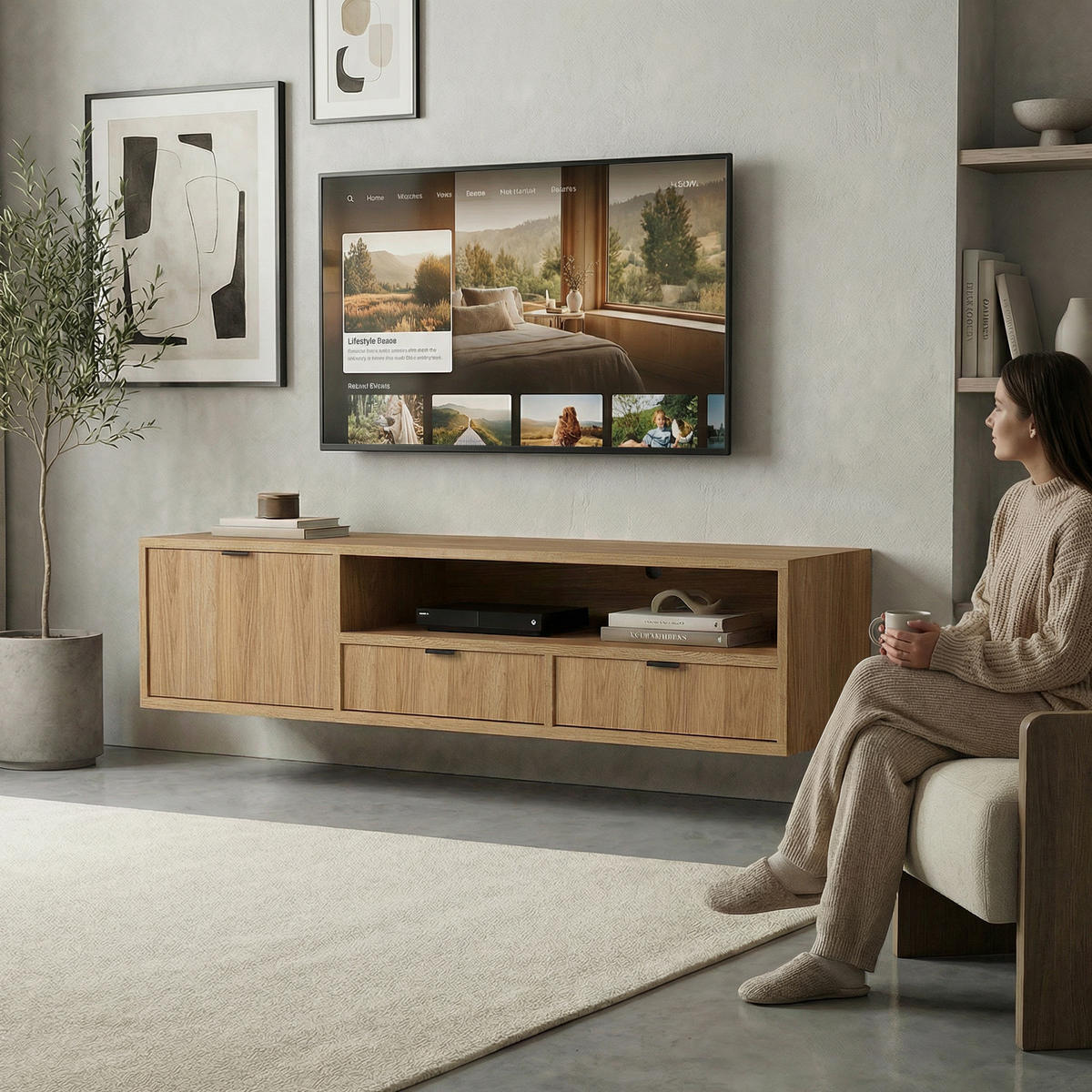 NÍZKÁ visící komoda Evron se 2 zásuvkami a 1 dvířky, 150 cm, dub Hikora - barva dubu, kompozitní dřevo (150/35/40cm) - Beautysofa