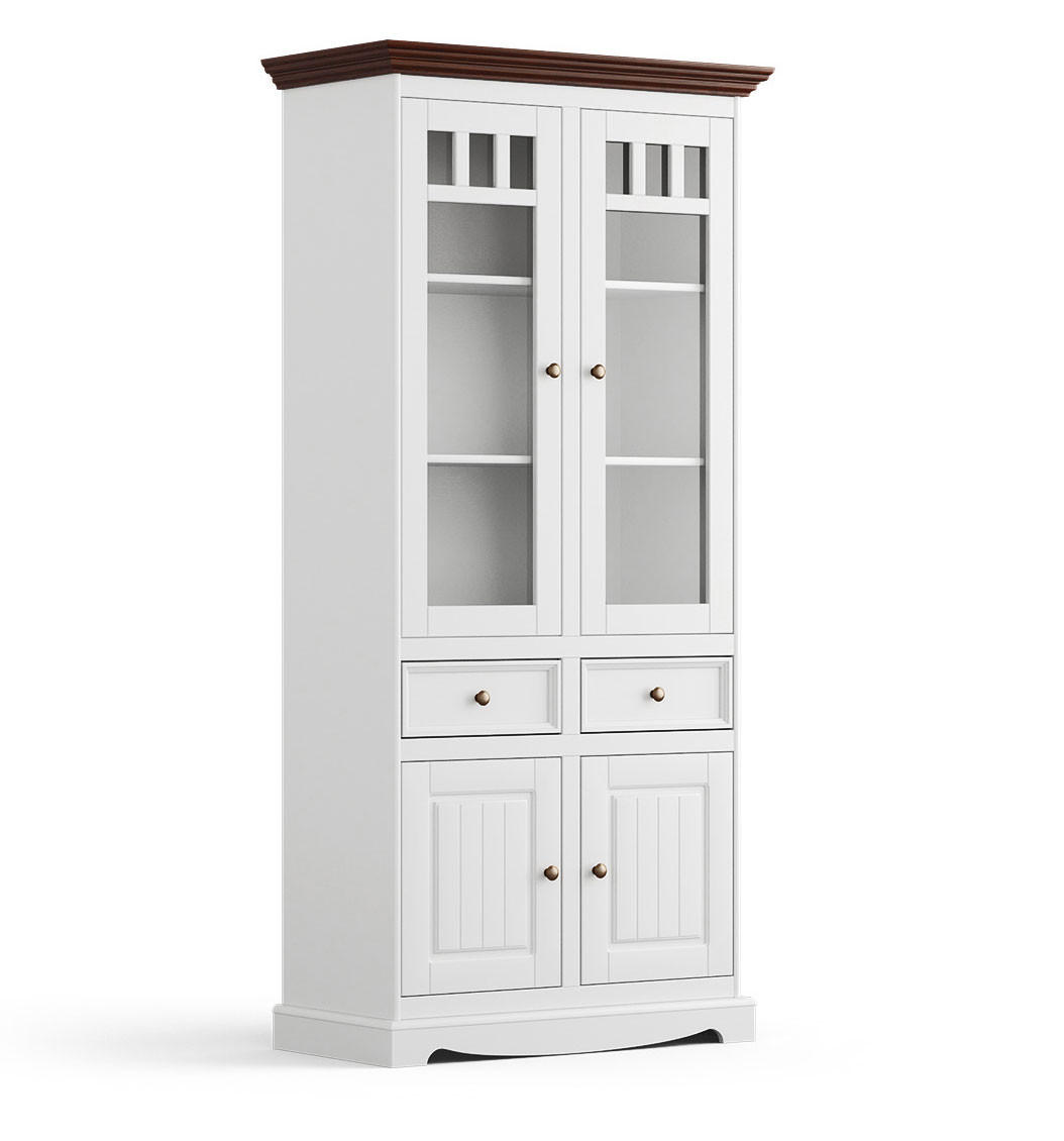 VITRINE Belluno Elegante Kiefer weiß (RAL9010) lackiert / Kiefer gebeizt, Nussbaumfarben 89 / 44 / 190cm - Nussbaumfarben/Weiß, Holz/Holzwerkstoff (89/190/44cm) - Feldmann-Wohnen