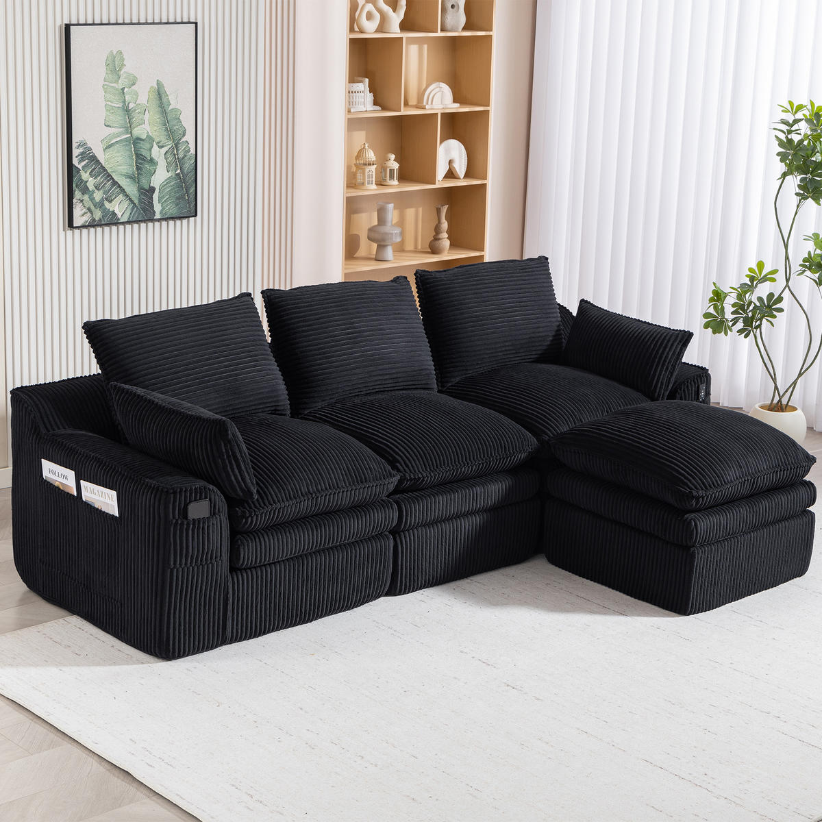 3-SITZER ECKSOFA Cord Schwarz mit Kissen und Hocker - Schwarz, Textil (263/167cm) - WISHDOR