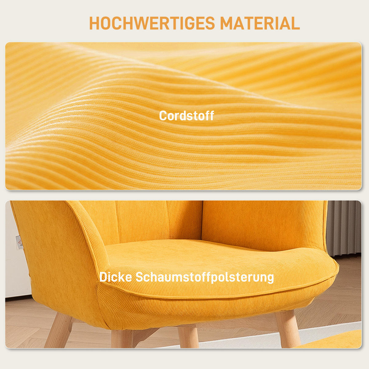 KŘESLO s podnožkou 72/80/101 cm oranžové z polyesteru s taburetem a bukovými nohami - pomerančová, textil (72/101/80cm) - OKWISH