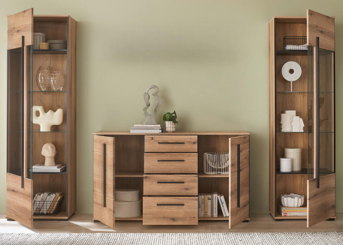 WOHNWAND Eiche Evoke, Wohnkombination 3-teilig mit Soft-Close - Eichefarben/Schwarz, Glas/Holzwerkstoff (290/200/42cm) - Furn.Design