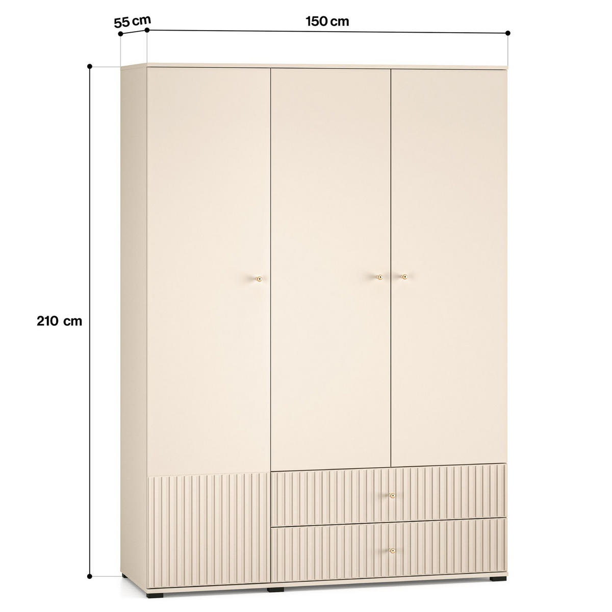 KLEIDERSCHRANK DROMA 3-Türig,Creme - Creme/Schwarz, Holzwerkstoff (150/210/55cm) - KONSIMO®