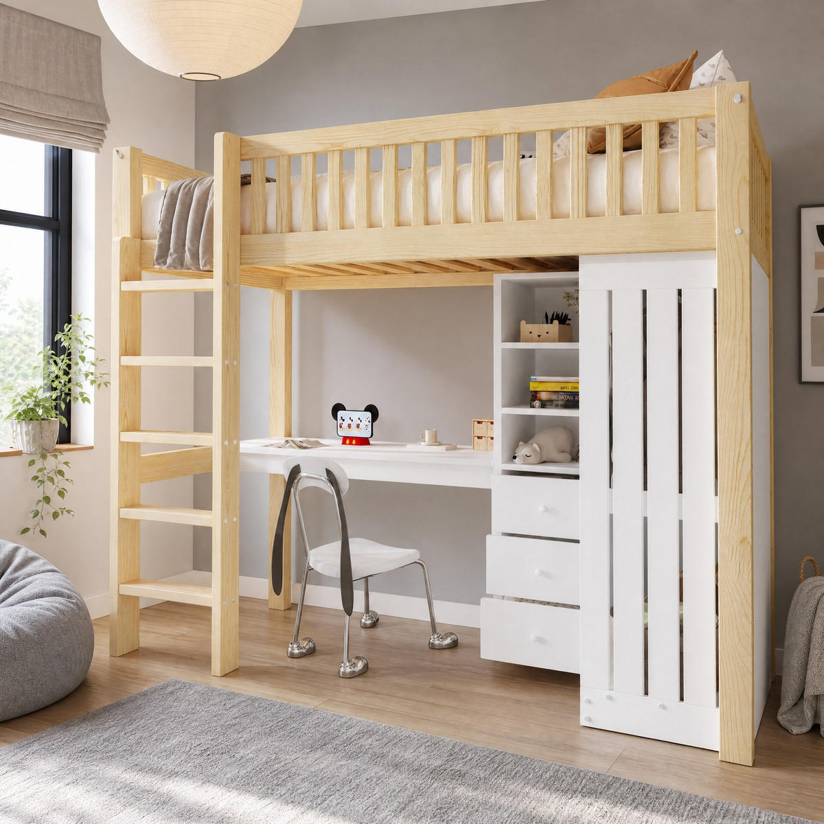 HOCHBETT 90/200 mit Schreibtisch, Kleiderschrank und 3 Schubladen in Natur - Naturfarben, Holz/Holzwerkstoff (90/200cm) - EVRYAE