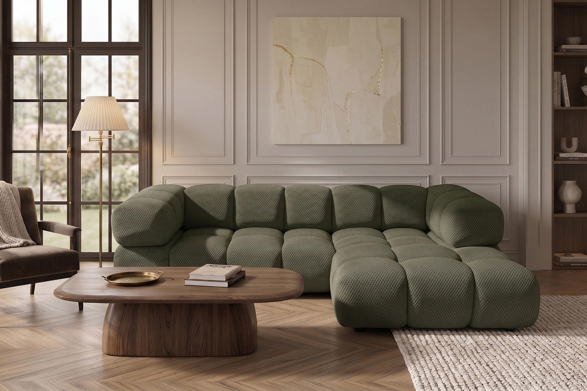 ECKSOFA L-FORM, Strukturierter Premiumstoff Sonic, Grün, Rechts, Averro - Grün, Holz (280/150cm) - Kaiser Möbel