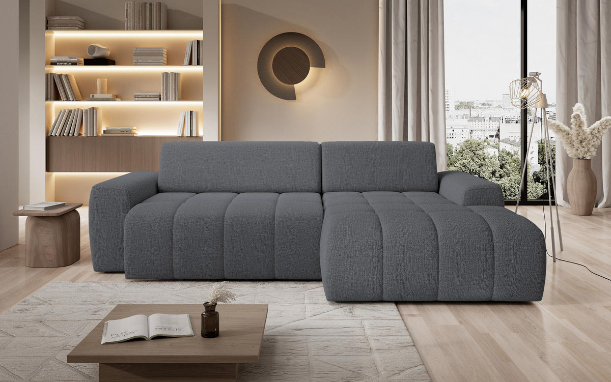 ECKSOFA Savio Freistehend, mit Abriebfestem Kansas-Stoff, Maße 265x172x81 cm, Ausziehbare Sitzfläche 206x92 cm, Rechte, – Grau - Grau, Holz/Textil (265/172cm) - DomoHome