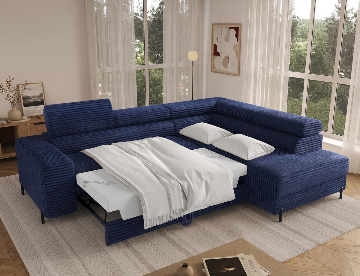 ECKSOFA COLESIO L-Form, Schlaffunktion, Bettkasten, verstellbare Kopfstützen, Wellenfederung, Metallfüße, breiter Cordstoff - Schwarz/Dunkelblau, Kunststoff/Metall (204/269cm) - Wohnideebilder