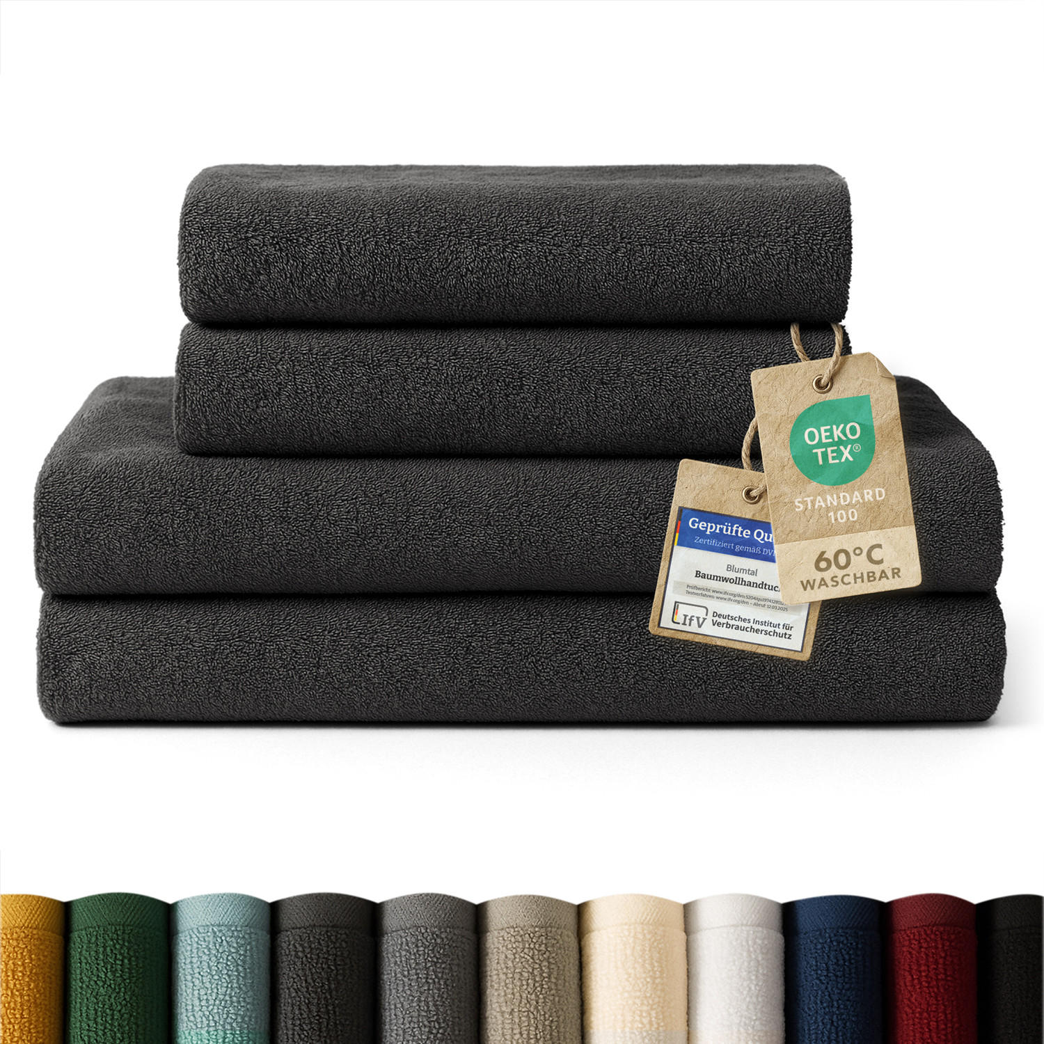 BADETUCH 4-teilig, 2x Badetuch 70/140 + 2x Handtuch 50/100 cm, Dunkelgrau - Dunkelgrau, Textil (70/140cm) - Blumtal