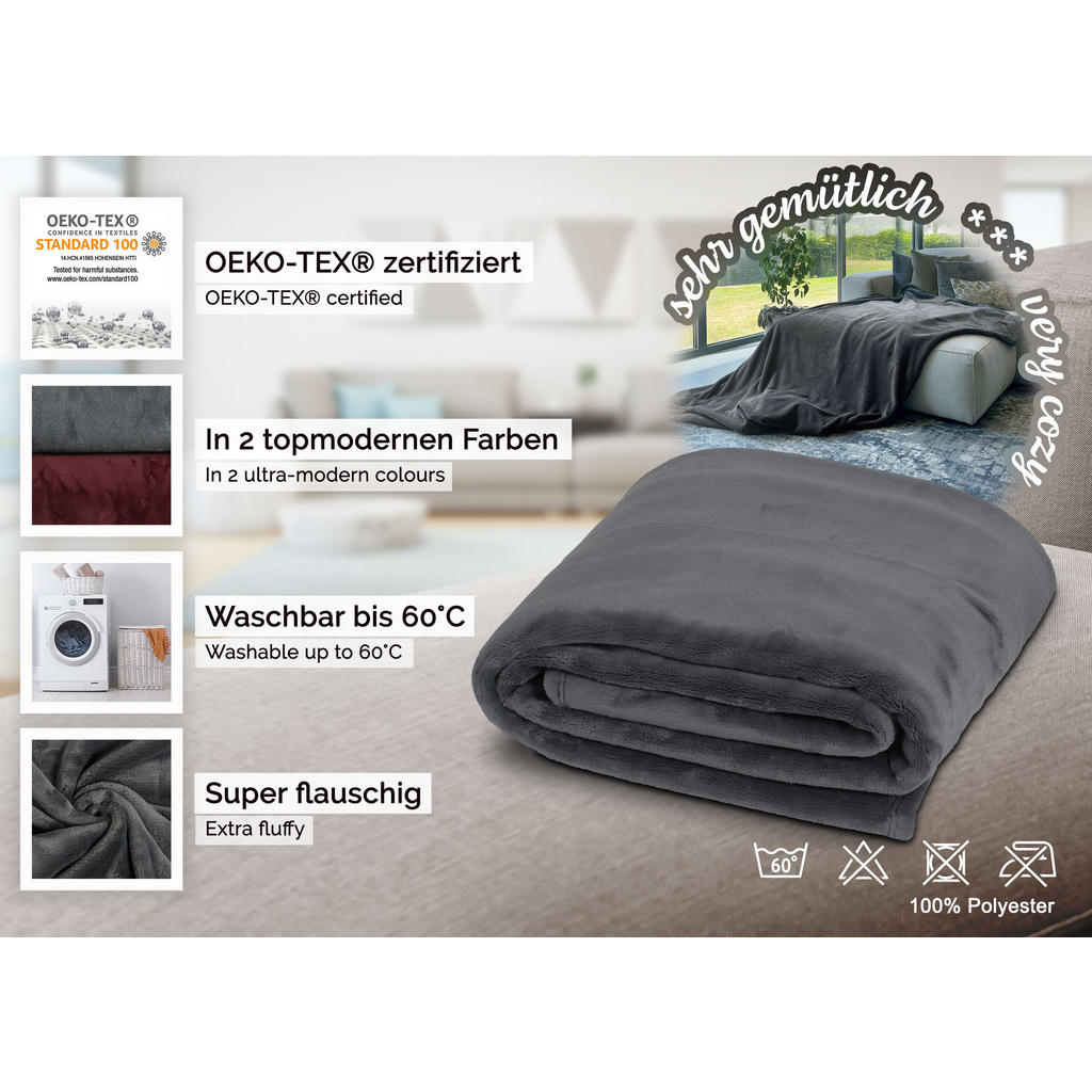 Thumbnail - Zollner Kuscheldecke,, Anthrazit, Textil, 150x200 cm, Oeko-Tex® Standard 100, Wohntextilien, Decken, Kuscheldecken