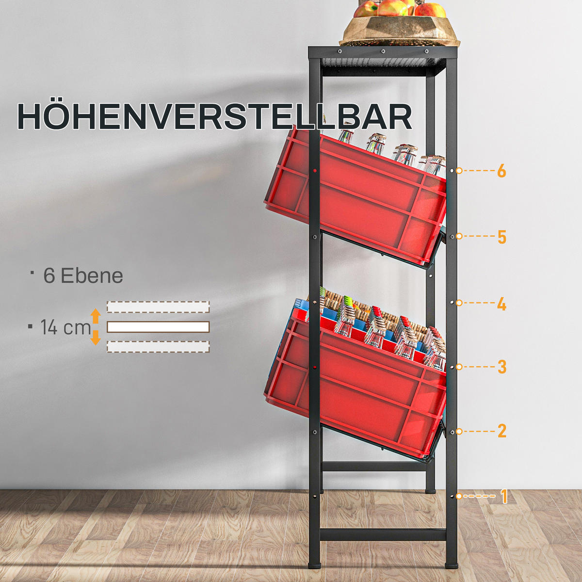 GETRÄNKEKISTENREGAL für 6 Kisten, Getränkeregal mit Verstellbar Regalhöhe - Schwarz, Metall (33/113.5/103cm) - HOMCOM