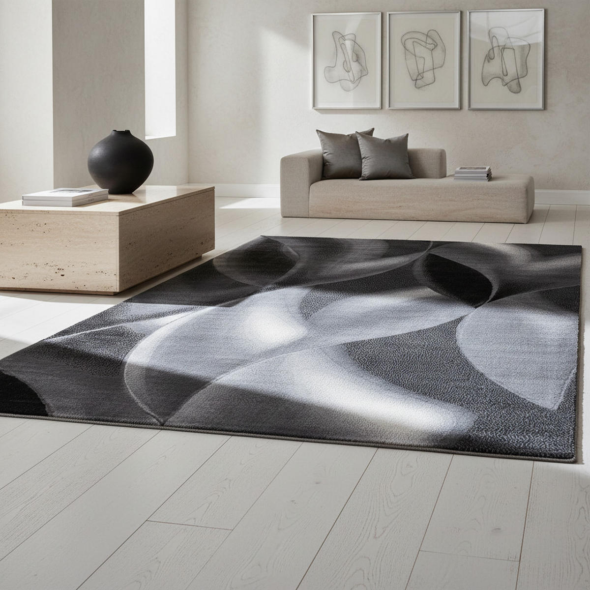TEPPICH Kurzflor Abstrakte Wellen Polypropylen Wohnzimmer Schwarz Rechteckig 140x200 - Schwarz, Textil (140/200cm) - KADIMA DESIGN