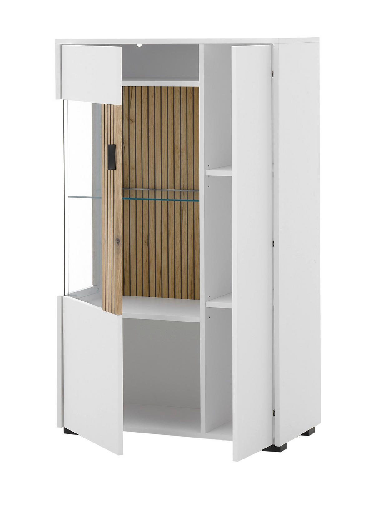 VITRINE weiß matt, Eiche 75 x 125 cm, Stauraumvitrine mit Soft-Close - Eichefarben/Schwarz, Glas/Holzwerkstoff (75/125/38cm) - Furn.Design