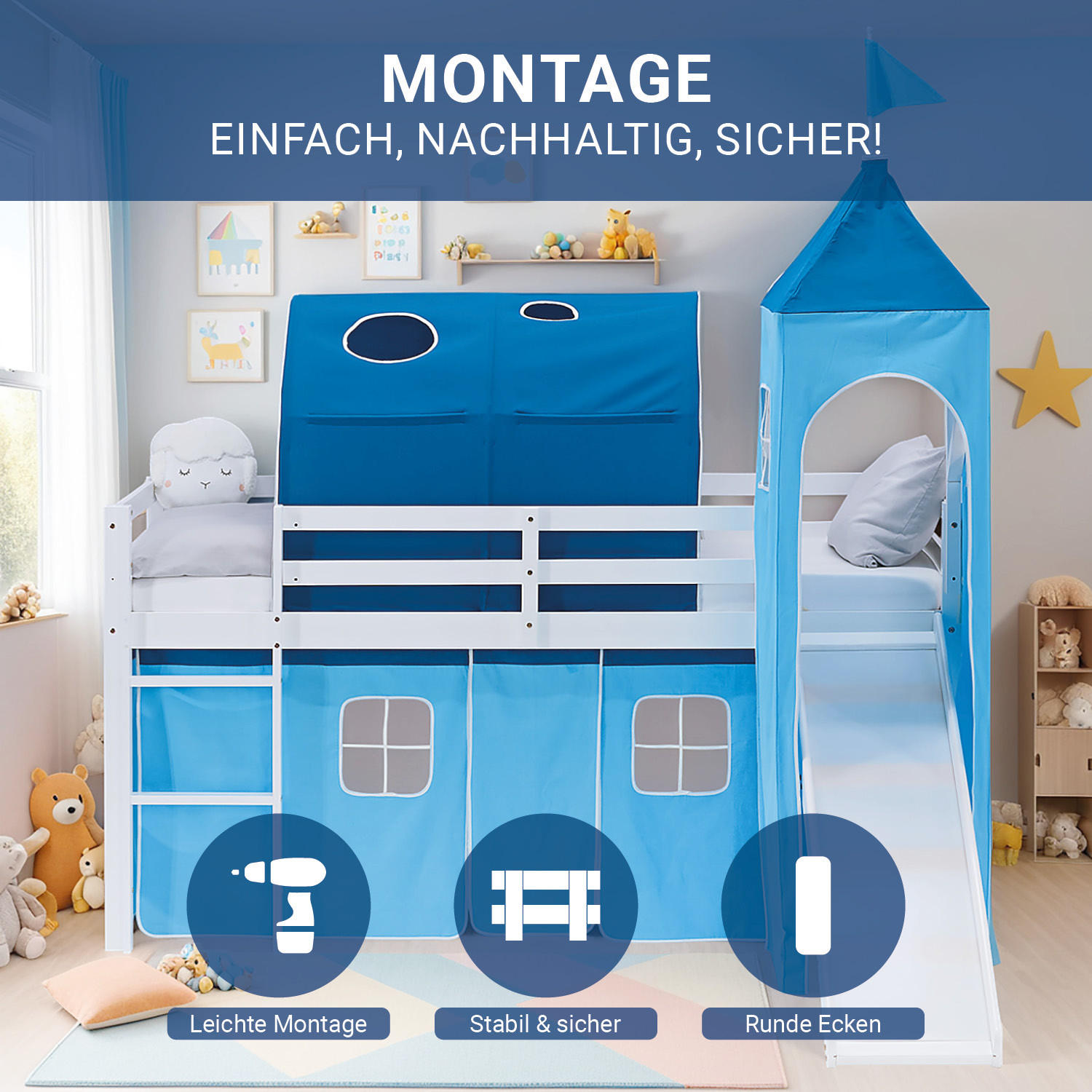 HOCHBETT 90/200 cm in weiß Rutsche Blau - Blau/Weiß, Holz/Textil (90/200cm) - Homestyle4u
