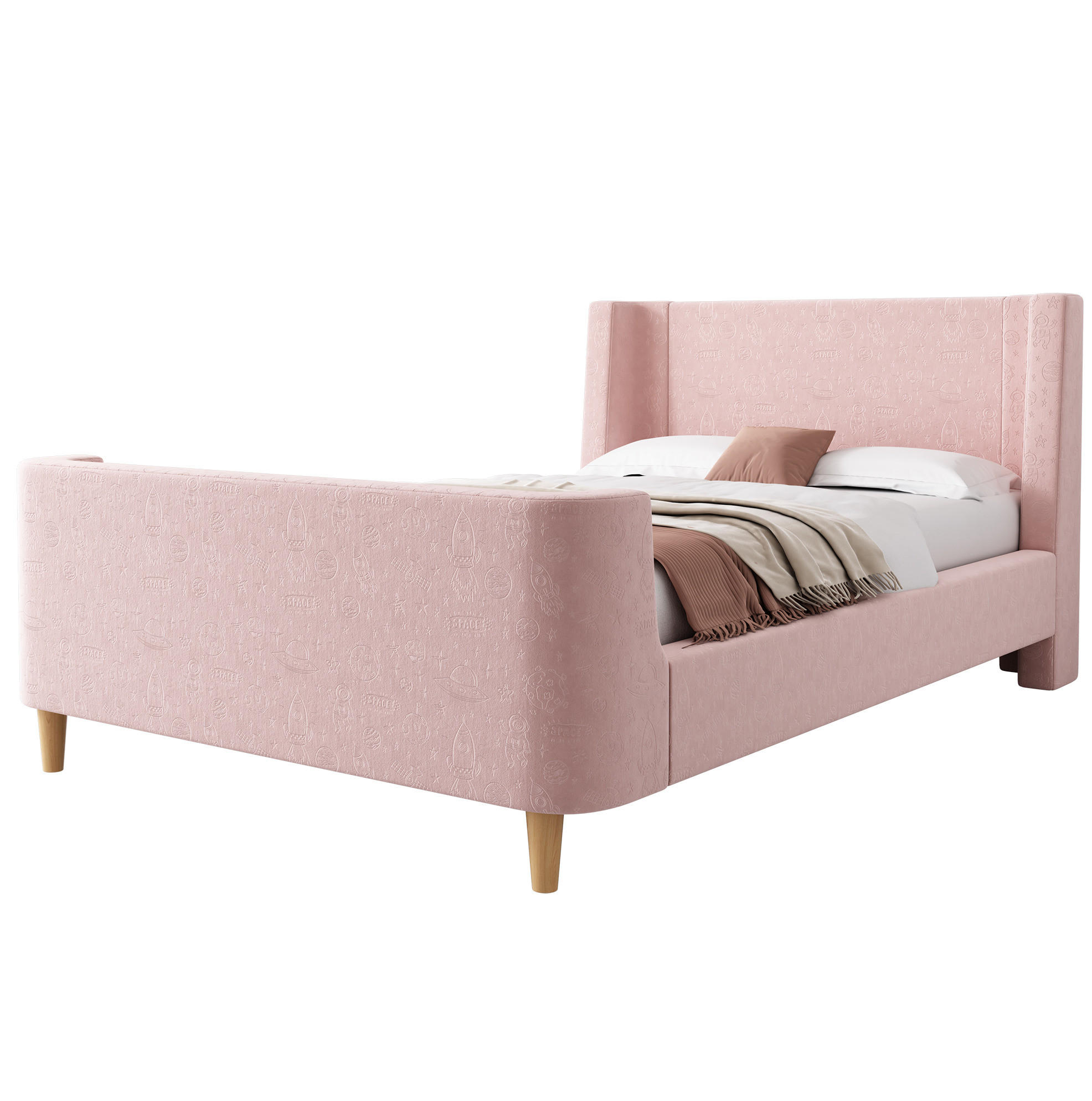 KINDERBETT 90/200 cm in Rosa aus Samt mit Weltraummuster und Schlittenbett-Design - Rosa, Textil (90/200cm) - Flora Grace