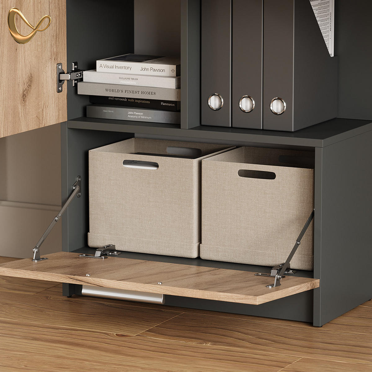 SCHREIBTISCH Lorena Anthrazit/Goldkraft Eiche 150 x 120.1 cm mit 2 Türen - Anthrazit, Holzwerkstoff (59.3/150/120.1cm) - Livinity®