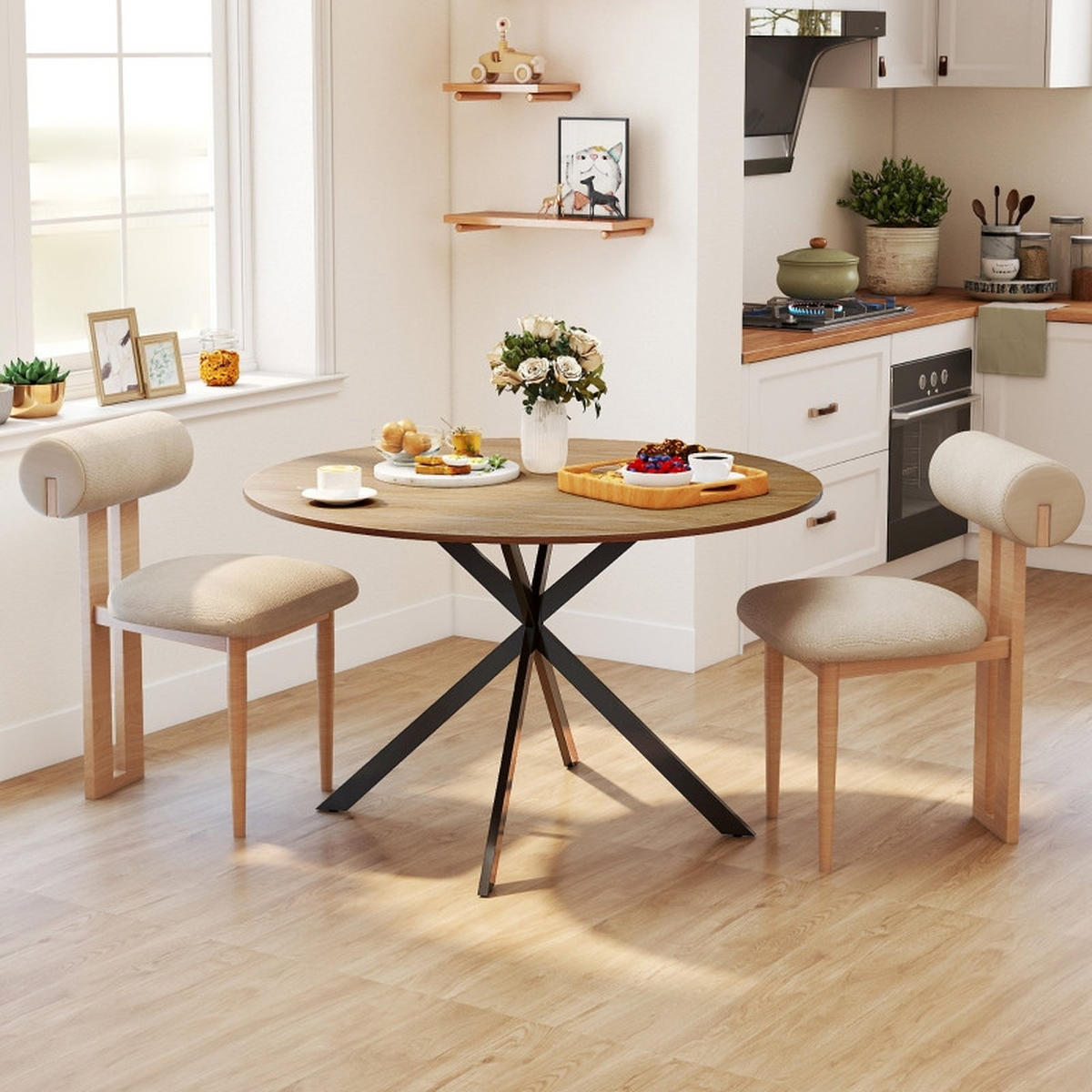 ESSTISCH 120/120/75 cm eichefarben mit X-Gestell und verstellbaren Füßen aus Holz und Stahl - Eichefarben, Holz (120/120/75cm) - OKWISH