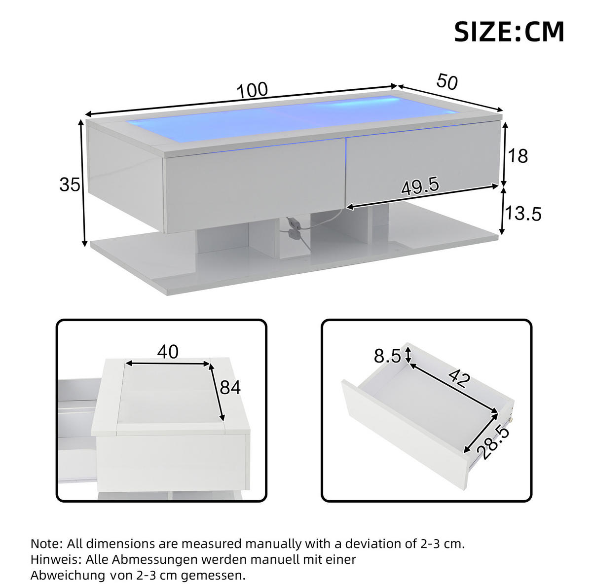 COUCHTISCH aus Spanplatte und gehärtetem Glas 100x50x35 cm Weiß mit 2 Schubladen und LED-Beleuchtung - Weiß, Holzwerkstoff (100/50/35cm) - IVMEU