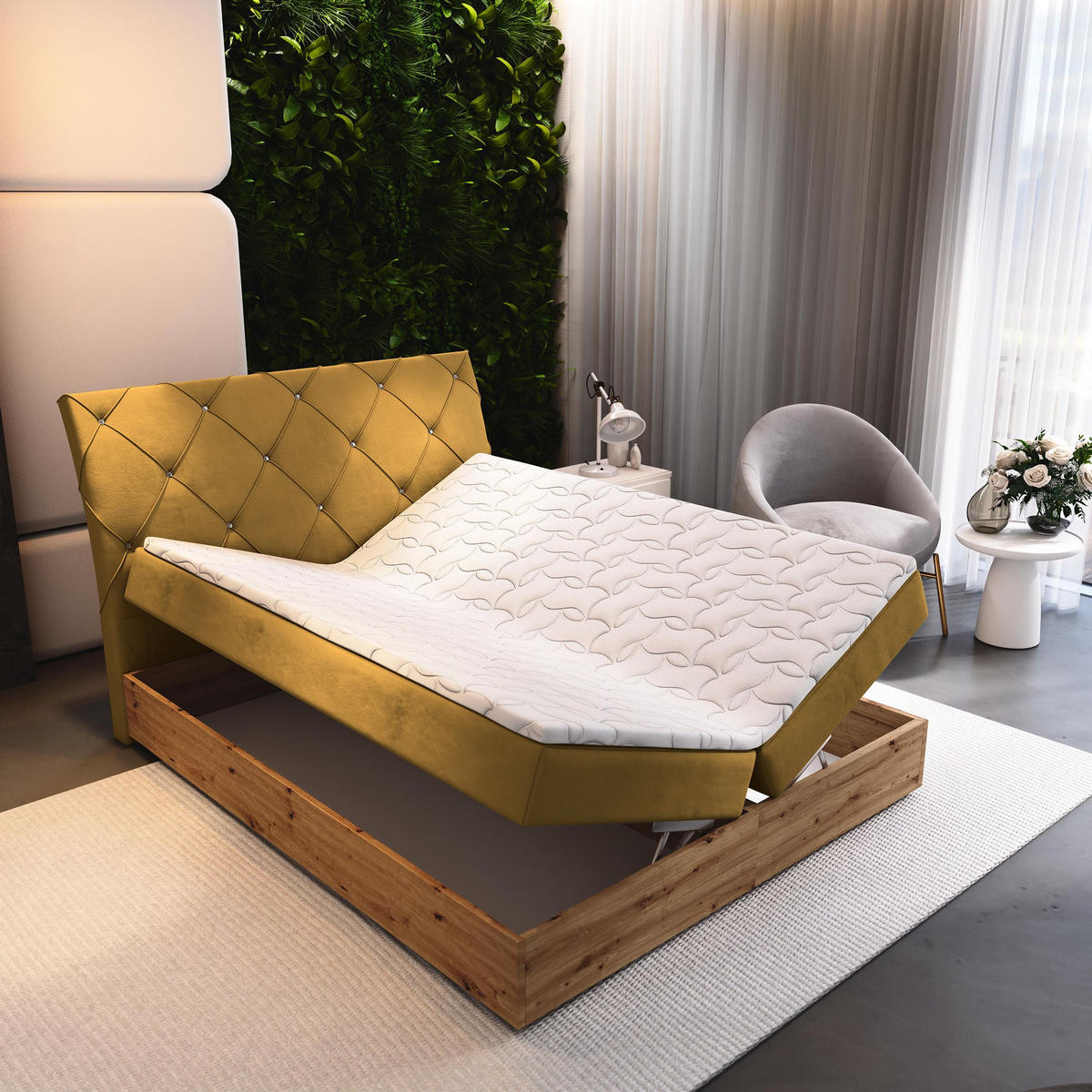 BOXBETT VELLANO 160x200 cm mit Matratze und Topper - Gelb - Gelb, Holz (160/200cm) - MASSENO