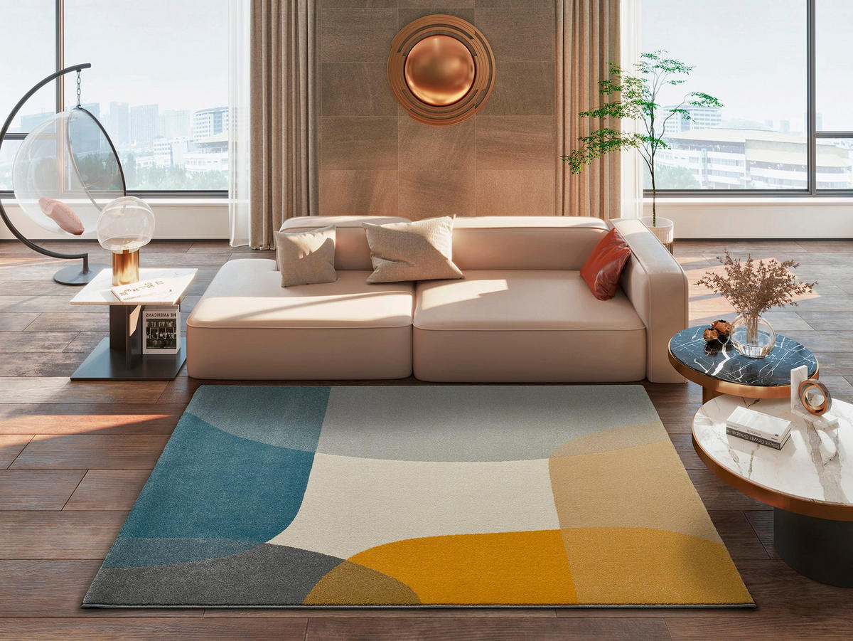 WEBTEPPICH mit geometrischem Muster Cremefarben Senfgelb und Blau Monic 160/230 cm - Blau/Multicolor, Naturmaterialien/Textil (160/230cm) - Atticgo