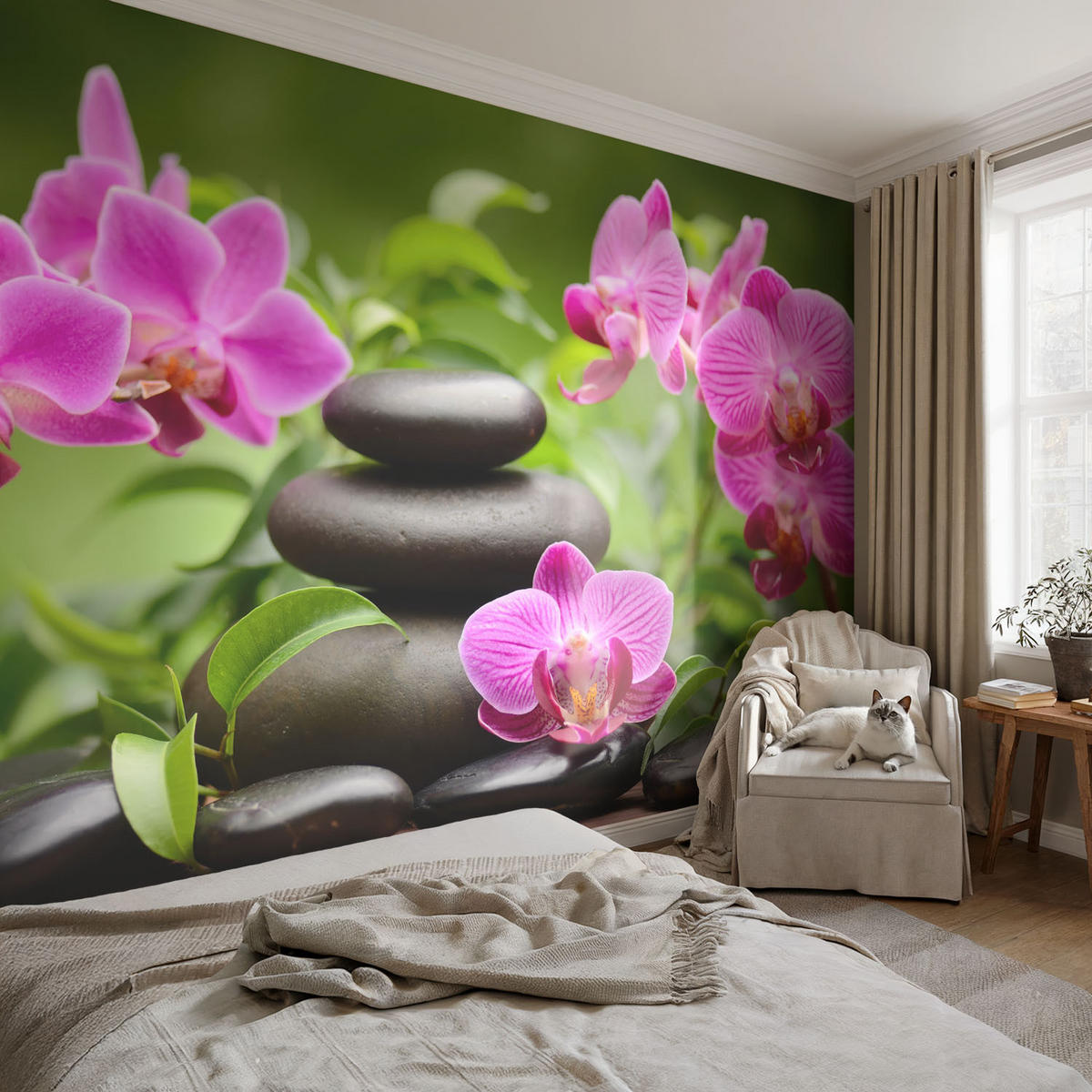 FOTOTAPETE 152x104 cm - Orchideensteine - Grün, Textil (152/104cm) - Wallfluent