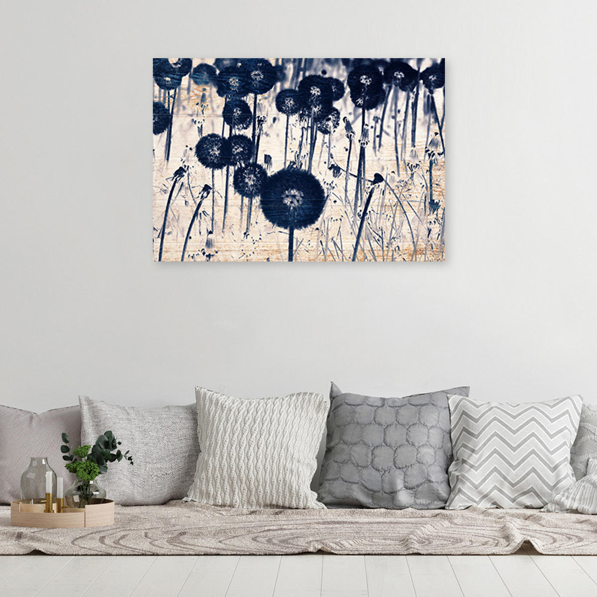 WANDBILD pusteblume auf alten brettern - Blau, Textil (60/40cm) - Feeby