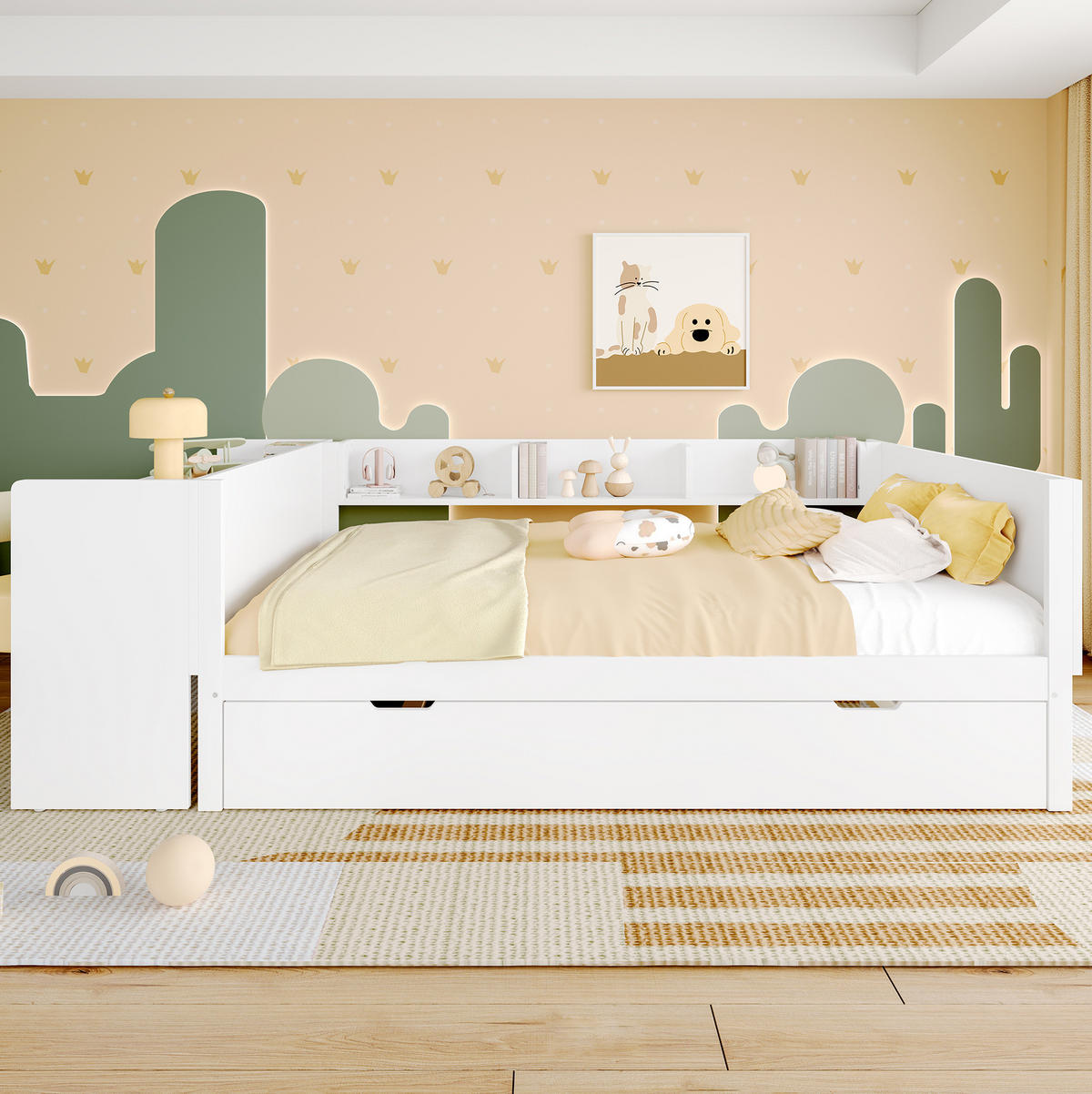 DOPPELBETT aus Kiefernholz und Spanplatte 140x200 cm Weiß mit Schreibtisch, Rollbett und 3 Regalen - Weiß, Holzwerkstoff (140/200cm) - IVMEU
